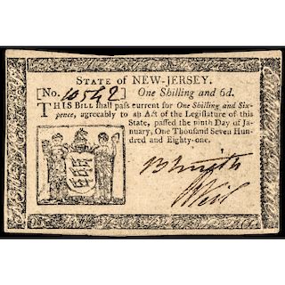 Colonial Currency, New Jersey, January 9, 1781. 1s6d PMG graded AU-53 EPQ