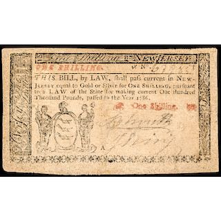 Colonial Currency, New Jersey, 1786. One Shilling. Plate A. Very Fine - Scarce