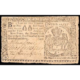 Colonial Currency, New York. April 21, 1760. Two Pounds. Fine