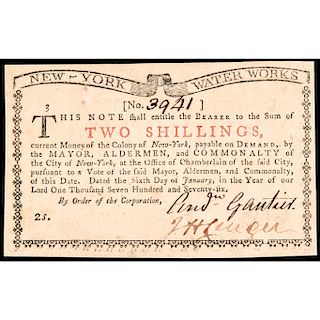 Colonial Currency, New York January 6, 1776 2s NEW YORK WATER WORKS GEM UNC.