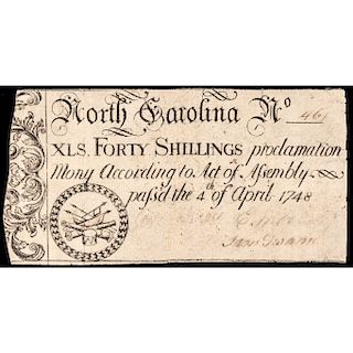 Colonial Currency. North Carolina April 4, 1748 40 Shillings Drum, Cannon, Flags