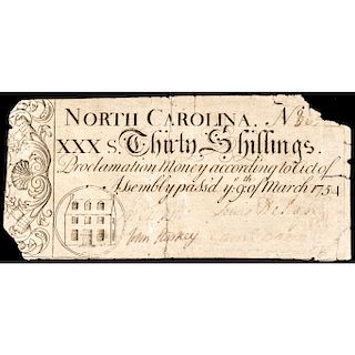 Colonial Currency, North Carolina March 9, 1754 30 Shillings HOUSE Vignette Fine