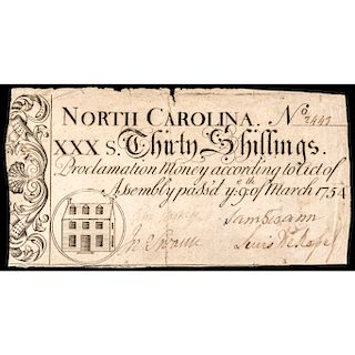 Colonial Currency Note, NC. March 9, 1754 Thirty Shillings PCGS Very Fine-30