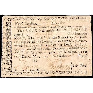 Colonial Currency, North Carolina May 28, 1757 per Cent Five Pounds PCGS Fine-12