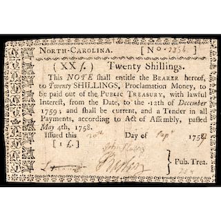 Colonial Currency Note, NC, May 4, 1758, 20 Shillings. Choice Very Fine Rarity