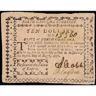 Colonial Currency, NC. August 8,1778 $10 PASS-CO graded Extremely Fine-45