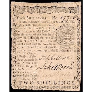 Colonial Currency, PA. March 10, 1769 2s Employment of the Poor in Philadelphia