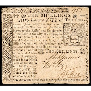 Colonial Currency, PA. March 10, 1769. 10s Poor in the City of Philadelphia Note
