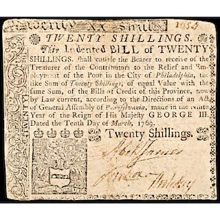 Colonial Currency, PA, March 10, 1769. 20 Shillings. Better Housing Money. VF