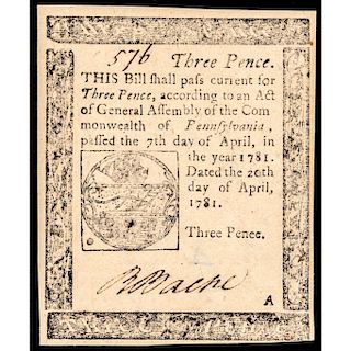 Colonial Currency, PA April 20, 1781 3 Pence Penee Error Spelling RICHARD BACHE 