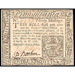 Colonial Currency, PA April 20, 1781 30 Shillings Error Spelling: Dnnlap. Ch. CU