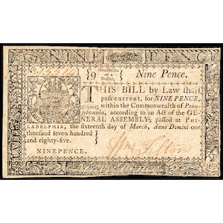 Colonial Currency, Penn. March 16, 1785. Nine Pence or 9 Ninetieths of a Dollar