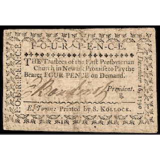 ELIAS BOUDINOT Signed 1790 Four Pence Church Currency Note on Newark, New Jersey