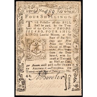 Colonial Currency, Colony of Rhode Island. June 29, 1775. Four Shillings