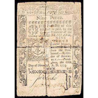 Colonial Currency Rhode Island, November 6, 1775, 9 Pence Revolutionary War Note