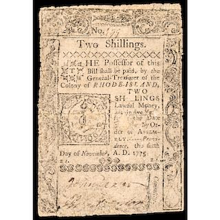 Colonial Currency, Rhode Island Nov. 6, 1775, 2 Shillings Revolutionary War Note