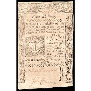 Colonial Currency, RI, November 6, 1775. Five Shillings. Extremely Fine
