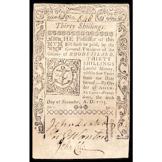 Colonial Currency. Rhode Island. Nov. 6, 1775. 30s. PCGS graded Very Fine-35