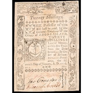 Colonial Currency, Rhode Island. January 15, 1776. 20 Shillings. Very Fine