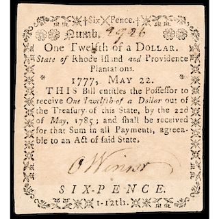 Colonial Currency Note, RI. May 22, 1777 1/12 Dollar PCGS About New-50
