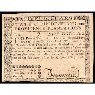 Colonial Currency RI, July 2, 1780, $5 United States Guaranteed, SERIAL No. 2 ! 