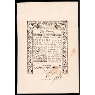 Colonial Currency Note, RI, May 1786, 6 Pence Jumbo Margins Gem Crisp Unc