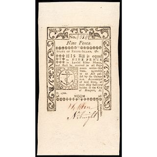 Colonial Currency, Rhode Island May 1786 9 Pence PMG GEM Unc-66 EPQ