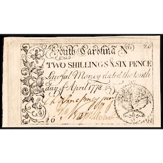 Colonial Currency SC. April 1778 CHARLES PINCKNEY, JR Signed 2s6d PCGS AU-58 PPQ