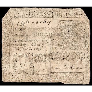 Colonial Currency Virginia June 8, 1757 Signed PEYTON RANDOLPH 5 Shillings Note