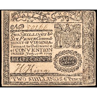 Colonial Currency, Virginia. July 17, 1775 Two Shillings Six Pence Choice Abt EF