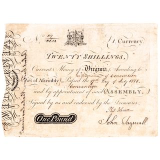 Colonial Currency Note, VA, July 17, 1775 20s, Engraved Large ASHBY Form