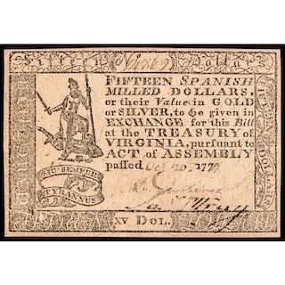 Colonial Currency, VA. October 20, 1777 $15 Handwritten Date Choice Uncirculated