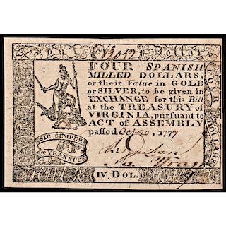 Colonial Currency, VA. October 20, 1777 Four Dollars Choice Crisp Uncirculated