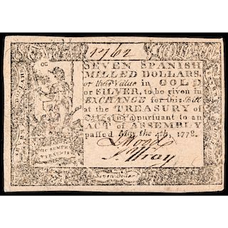 Colonial Currency, Virginia. May 4, 1778. Seven Dollars. Choice Crisp EF
