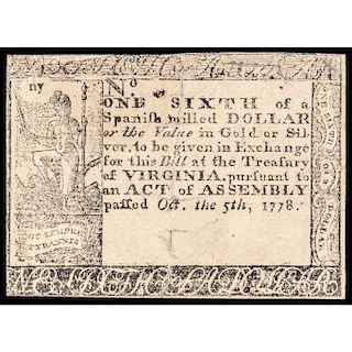 Colonial Currency. Virginia Note October 5, 1778. One Sixth of a Dollar Rarity