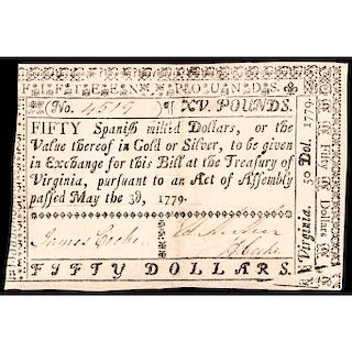 Colonial Currency, Treasury of Virginia, May 3, 1779, $50. Large Format Note