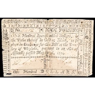 Colonial Currency, Virginia May 3, 1779 One Hundred Dollars / Thirty Pounds Note
