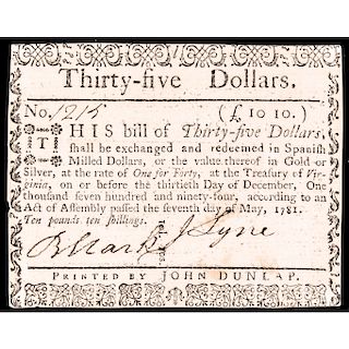 Colonial Currency, Virginia May 7, 1781 $35 Note PCGS New-62