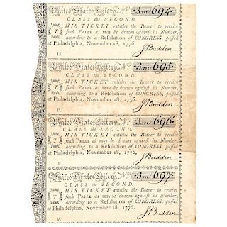 November 18, 1776 Continental Congress Uncut Lottery Sheet of Four Tickets