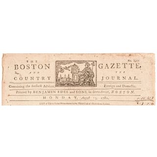 1781 BOSTON GAZETTE PAUL REVERE Engraved Masthead + Charlestown LOTTERY Prizes!