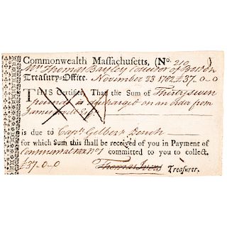 1782 Rare Collector of Boston Massachusetts Treasury Office Form, Anderson MA-38