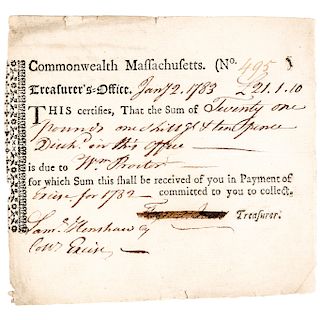 1783 American Revolutionary War Treasurers Certificate, Anderson MA-38
