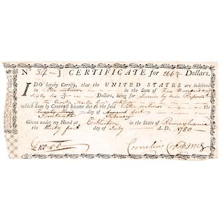 1780 U.S. Quartermaster Generals Certificate High R-7 Six Known Anderson US-124