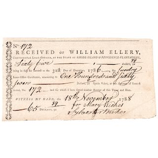 Unique 1788 WILLIAM ELLERY Continental Loan Office Rhode Island Interest Form!