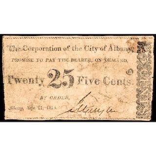 Obsolete Currency, Albany, NY, 25, 1815-Dated War of 1812 PCGS VG-10