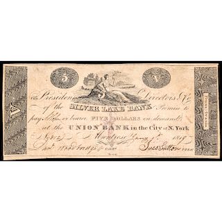 Silver Lake Bank Pay at the Union Bank, PA. 5 Dollars 1819 PCGS Very Fine-30