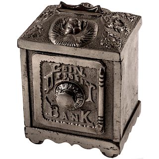 c. 1880 Decorative Antique Nickel Cast Iron Safe titled: Coin Deposit Bank 