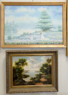 Two oil on canvas paintings to include Torrens, 20th century oil on canvas, landscape with lake, 18" x 24"; and a spring landscape s...