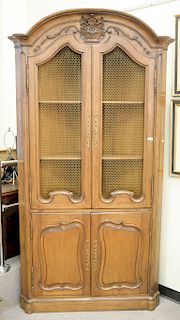 Pair Louis XV style fruitwood corner cabinets with grillwork doors. ht. 90 in., wd. 48 in., dp. 22 in.