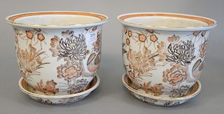 Pair of Chinese pots, hand painted, enameled birds and flowers with underplates, ht. 7 1/4 in.
